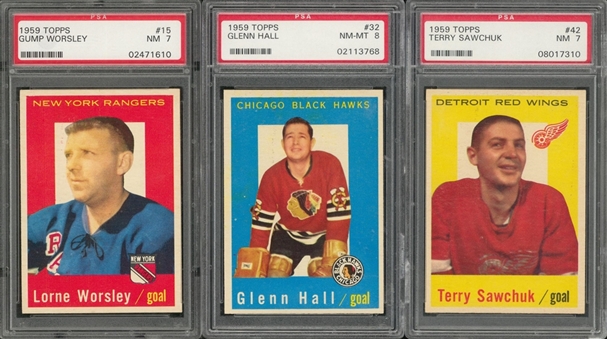 1959/60 Topps Hockey Hall of Famers PSA NM 7 and PSA NM-MT 8 Trio (3 Different)